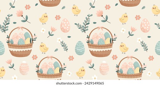  Cute Easter seamless pattern, egg baskets, flowers and chickens. Ideal for paper and textile products. Soft Pastel colors