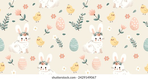  Cute Easter seamless pattern, egg baskets, flowers and chickens. Ideal for paper and textile products. Soft Pastel colors