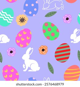 Cute Easter seamless pattern with Easter egg, bunny, flowers.