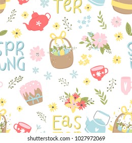 Cute Easter seamless pattern with eggs in basket, lettering and flowers. Endless Spring background, texture, digital paper. Vector illustration