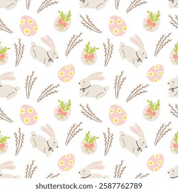 Cute Easter seamless pattern with eggs, bunny and flowers vector illustration