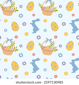 Cute Easter seamless pattern with Easter eggs, baskets, bunnies and flowers