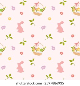 Cute Easter seamless pattern with Easter eggs, baskets, bunnies and flowers