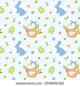 Cute Easter seamless pattern with Easter eggs, baskets, bunnies and flowers