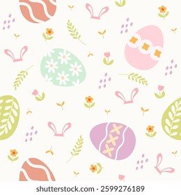 Cute easter seamless pattern. Easter eggs, bunny and spring flower pastel colorfull illustration
