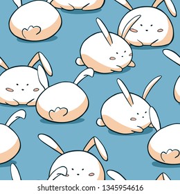 Cute Easter seamless pattern. Fat rabbits background. Hand drawn doodle bunny characters. 