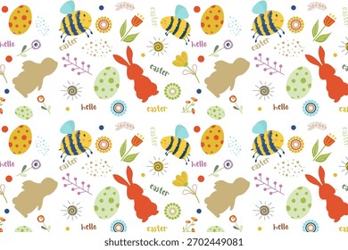 Cute Easter seamless pattern featuring bunnies, bees, colorful eggs, flowers, and "hello" and "easter" text. Bright, cheerful design for spring.