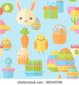 Cute Easter seamless pattern in flat with traditional spring holiday elements for fabric, website backgrounds