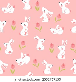 Cute easter seamless pattern. Hand drawn vector elements bunny, flowers, easter eggs