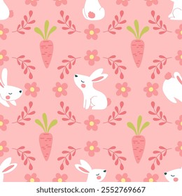 Cute easter seamless pattern. Hand drawn vector elements bunny, flowers, easter eggs