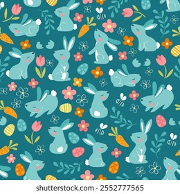 Cute easter seamless pattern. Hand drawn vector elements bunny, flowers, easter eggs