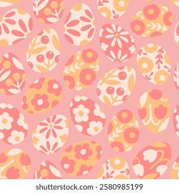 Cute Easter seamless pattern. Happy Easter. Eggs decorated with flowers on pink background. Vector illustration