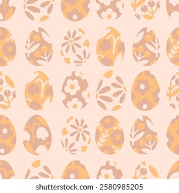 Cute Easter seamless pattern. Happy Easter. Eggs decorated with flowers on beige background. Vector illustration