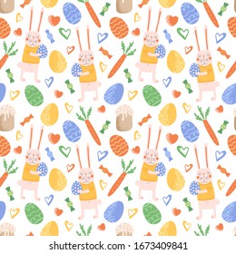 Cute Easter seamless pattern on white background. Design element.