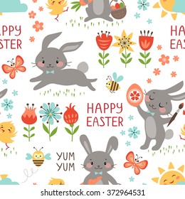 Cute Easter seamless pattern on white background.