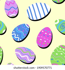 Cute Easter seamless pattern in pop art style. Various decorated colorful eggs with texture and shadows. Cute illustration for fabric, textile print, wrapping paper and other design.