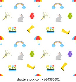 Cute Easter seamless pattern with a rabbit, rubber boots and flowers. Can be used for invitations, greeting cards, print, gift wrap, manufacturing.