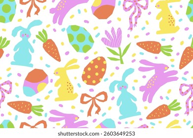 
Cute Easter seamless pattern. Rabbits, flowers, bows, carrots and Easter eggs on white background. Template in naive and flat style. Cut out colored elements. Vector illustration.