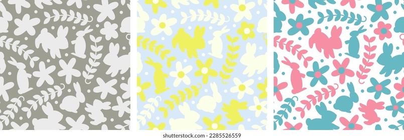 Cute Easter Seamless Pattern Set. Bunnies, flowers, petals, leaves, vines. Cute colorful easter repeating pattern. Vector Illustration. For prints, backgrounds, invitations, cards, textiles.