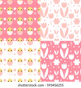 Cute Easter seamless pattern set with chickens and flowers on pink and white background