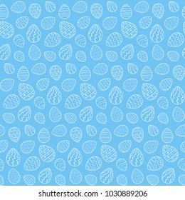 Cute Easter seamless pattern with white outline eggs on blue background. Tender ornamental hand drawn eggs texture for Easter package, gift wrapping paper, textile, banners, covers, greeting cards