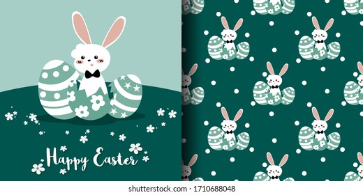 Cute Easter seamless pattern of white rabbit with Easter eggs and white dots on green background. Vector illustration.