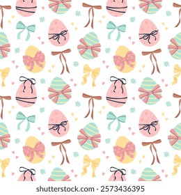 Cute easter seamless patterns with eggs and bows