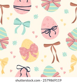 Cute easter seamless patterns with eggs and bows