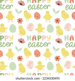 Cute Easter seamless vector with chickens,flowers,decorated eggs on a white background. Festive spring endless ornament.