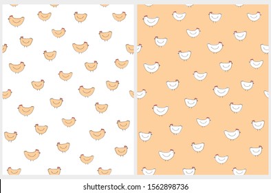 Cute Easter Seamless Vector Pattern. Lovely White Hand Drawn Hens on a Pale Yellow  Background. Simple Infantile Design. Yellow Hens Isolated on a White Layout. Easter Print for Fabric, Card, Decor.