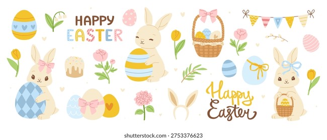 Cute easter set with bunnies and decor. Vintage easter collection with adorable rabbits.