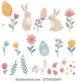 Nettes Osterset mit Hasen, dekorativen Ostereiern und Frühlingsblumen. Zarte Pastellfarbpalette, florale Elemente. Für Urlaubskarten, Verpackungspapier, Textilien und Kinderprodukte