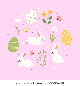 Cute easter set with bunnies, eggs, and flowers. Hand drawn vector illustration.