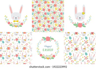 Cute Easter set. Easter bunnies floral wreaths and patterns in cartoon style. Colorful childish drawing with simple rabbits, butterfly, Easter eggs and flowers.