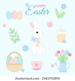 Cute Easter set, collection of spring  elements - rabbit, flowers, eggs and other. Vector illustration for banners, card