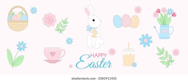 Cute Easter set, collection of spring  elements - rabbit, flowers, eggs and other isolated on background. Vector illustration for banners, card