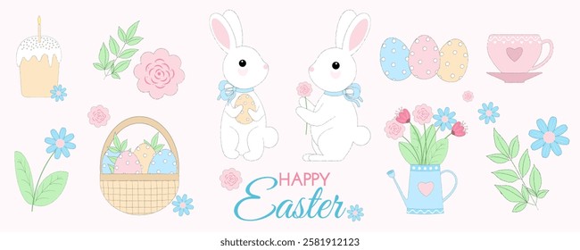 Cute Easter set, collection of spring  elements - rabbits, flowers, eggs and other isolated on background. Vector illustration for banners, card