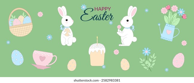 Cute Easter set, collection of spring  elements - rabbits, flowers, eggs and other isolated on background. Vector illustration for banners, card