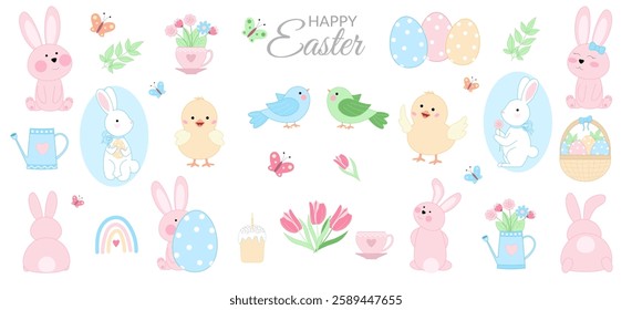 Cute Easter set, collection of spring  elements and characters  - rabbits, chicks, birds, butterflies, flowers, eggs, basket. Vector illustration isolated on white background