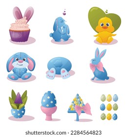 Cute easter set with cupcake, duckling, hare, eggs and more elements for create postcard, banner, sticker 