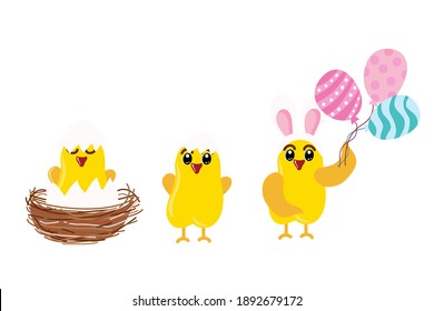 Cute Easter set of eggs, chicken on a white background isolated in a flat style, cartoon. Vector drawing, easter, holiday, sticker, decoration, printing on bags, t-shirts, fabrics, sticker.