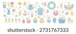 Cute Easter set featuring cartoon bunnies, chicks, decorated eggs, and baskets. Charming animal characters with spring flowers create delightful holiday vector illustrations.