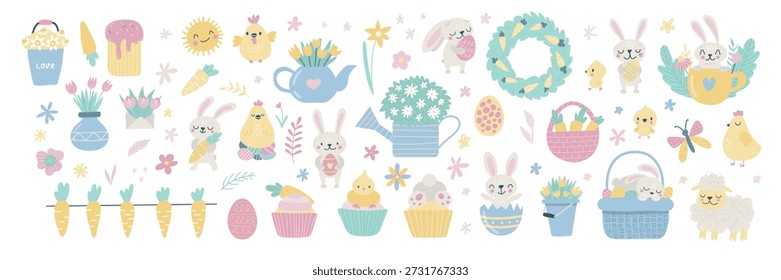 Cute Easter set featuring cartoon bunnies, chicks, decorated eggs, and baskets. Charming animal characters with spring flowers create delightful holiday vector illustrations.