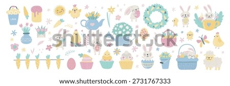 Cute Easter set featuring cartoon bunnies, chicks, decorated eggs, and baskets. Charming animal characters with spring flowers create delightful holiday vector illustrations.