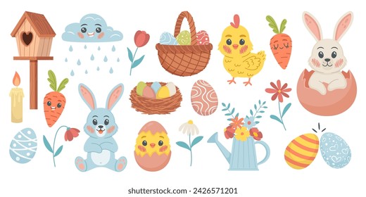 Cute Easter set. Funny bunnies and chickens. Spring holiday. For poster, card, scrapbooking, stickers