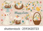 Cute Easter set with painted eggs, rabbits, chickens, flowers, cakes. Easter and spring elements. Vector illustration in flat style. Happy Easter