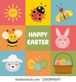 Cute Easter set with rabbit, bunny, sheep, chicken, colorful painted eggs, spring flowers. Easter background, cute holiday clip art, greeting card, poster. Happy Easter motive, funny childish style.