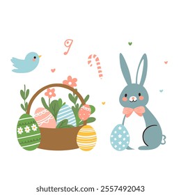 Cute Easter set with rabbits, birds, painted eggs and a basket. Adorable Easter bunny with traditional holiday decor.