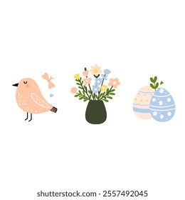 Cute Easter set with rabbits, birds, painted eggs and a basket. Adorable Easter bunny with traditional holiday decor.