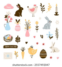 Cute Easter set with rabbits, birds, painted eggs and a basket. Adorable Easter bunny with traditional holiday decor.